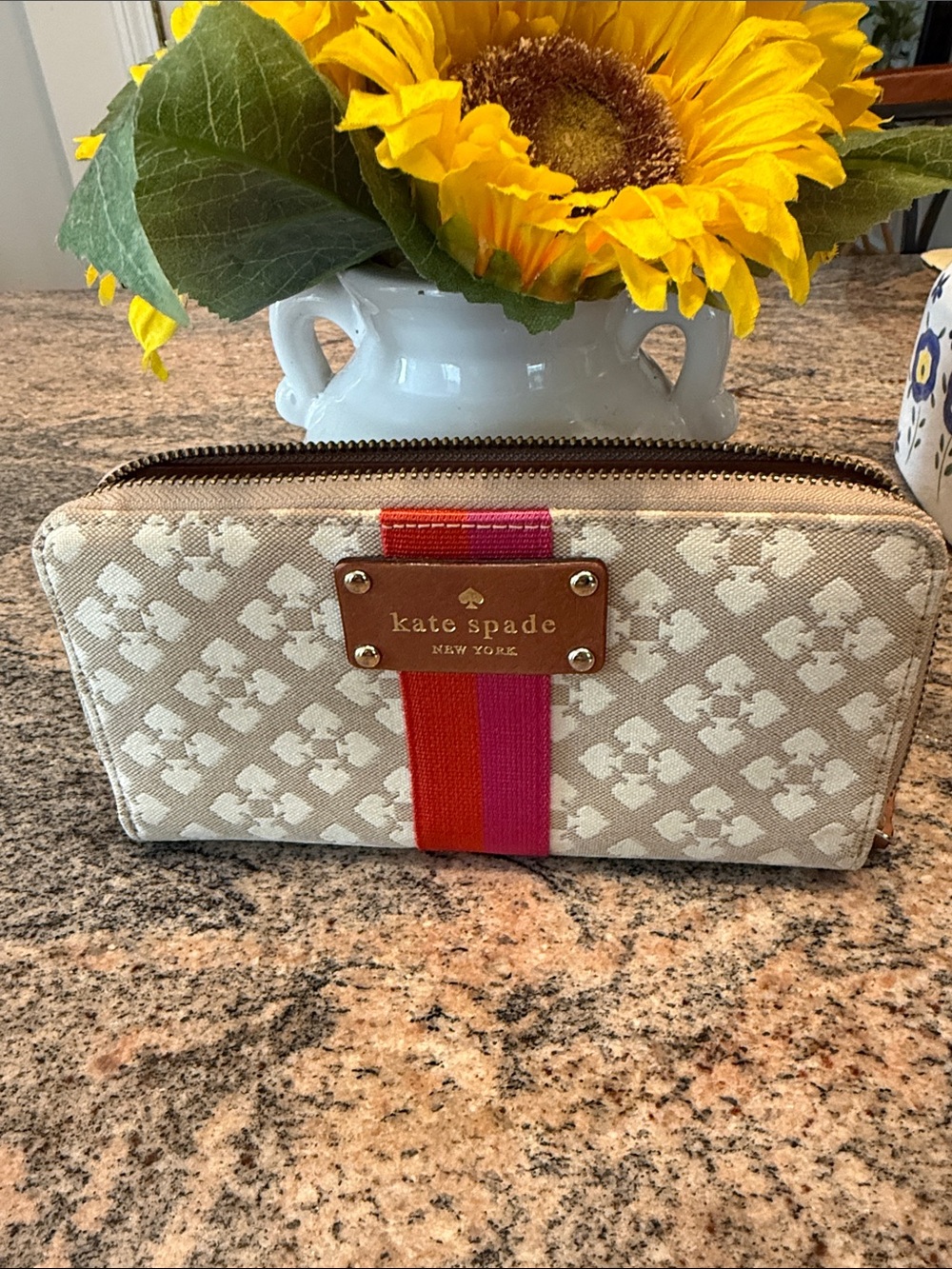kate spade Cream Canvas Zip Wallet with Pink & Red Center Stripe